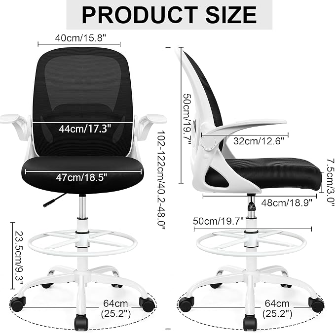 Drafting Chair Tall Office Chair with Flip-up Armrests, Adjustable Height, and Enhanced Lumbar Support - Ergonomic Rolling Stool, Back Support, and Adjustable Foot Rest Ring for Standing Desk White - Image 2