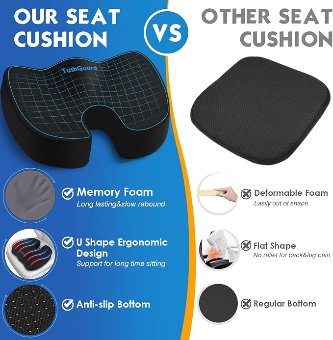Seat Cushion for Office Chair, Car, Memory Foam, Black XX-Large | For Back, Coccyx, Sciatica, Tailbone Pain, Ergonomic Design, Non-Slip, Desk Wheelchair Use, Supportive Butt Pillow, For Man - Image 4