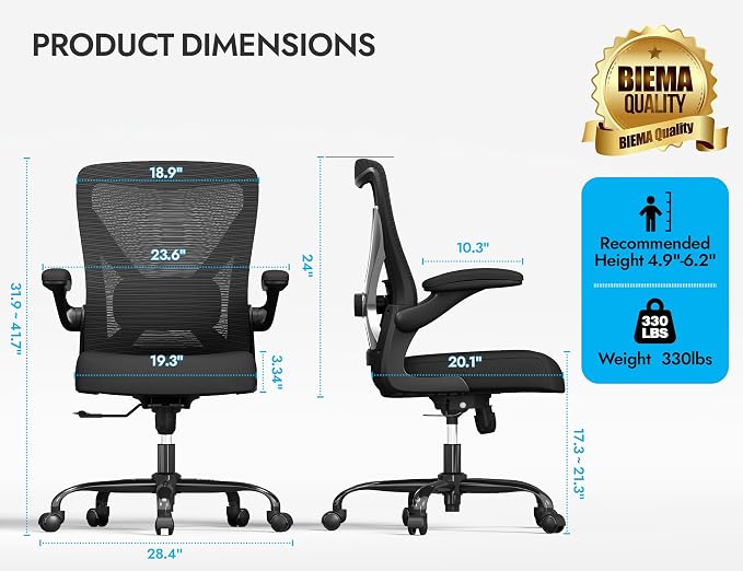 Office Chair: Mesh Ergonomic Desk Chair with 3D Lumbar & Swivel | 330LBS Computer Chair-Executive Task Chairs with Flip-up Arms Home Office Chairs Gaming Chair for Long Hours(Black-Pack of 6) - Image 3