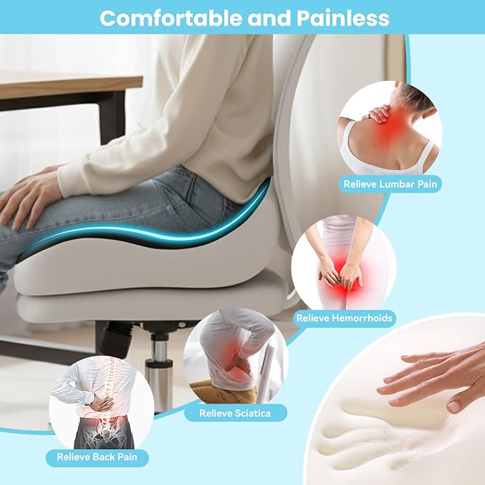 Seat Cushion, Memory Foam for Sit Bone and Back Pain Relief | Dual-Hole Ventilation, Coccyx,Sciatica and Tailbone Hip Relief ,Posture Support ,Office Chair and Car Seat,Home Use - Image 4