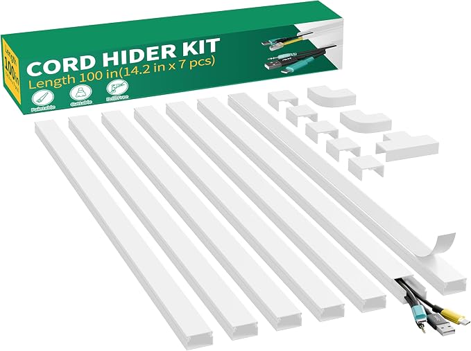 Delamu Cord Hider, 100in Self-Adhesive Cord Cover Kit for Wall Mounted TV, Paintable Wire Hider, Flexible Cable Management System, Cable Raceway Conceals 3-4 Wires, W1.18 H0.60in, White by DELAMU