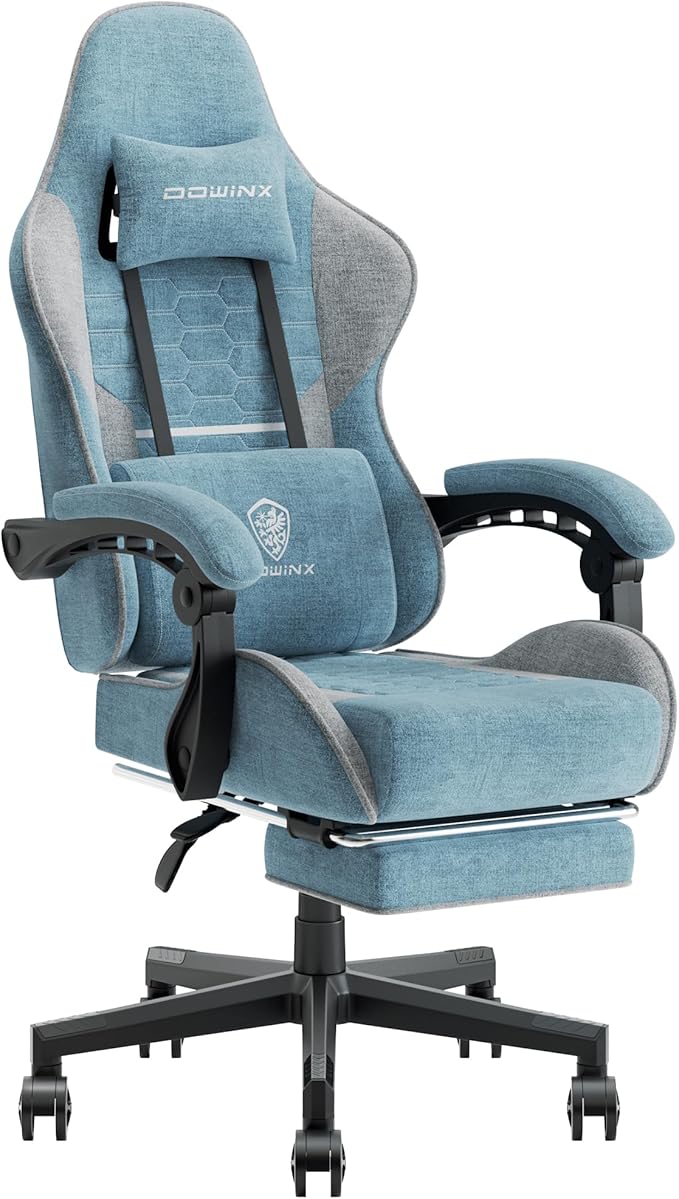 Dowinx Gaming Chair Fabric with Pocket Spring Cushion, Massage Game Chair Cloth with Headrest, Ergonomic Computer Chair with Footrest 290LBS, Blue and Grey by Dowinx