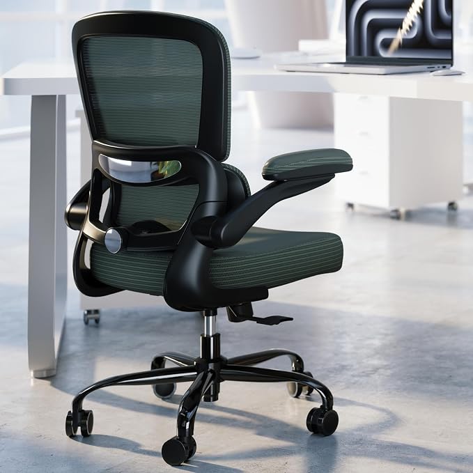 TRALT Ergonomic Office Chair Desk Chair with Adjustable Lumbar Support | Desk Chair Comfy with Flip-up Armrests Ergonomic Chair - Mesh Computer Chairs for Adults, 330lbs, PU Leather (Dark Green, 1) by TRALT