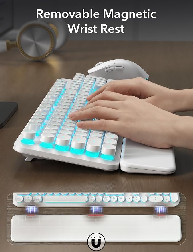Wireless Keyboard and Mouse Backlit - Typewriter, Magnetic Wrist Rest | Retro Round Keys, Light Up Letters, 2.4GHz Cordless Combo for Mac, Windows, PC, Laptop, Trueque CK23Pro [Upgraded] - Image 5