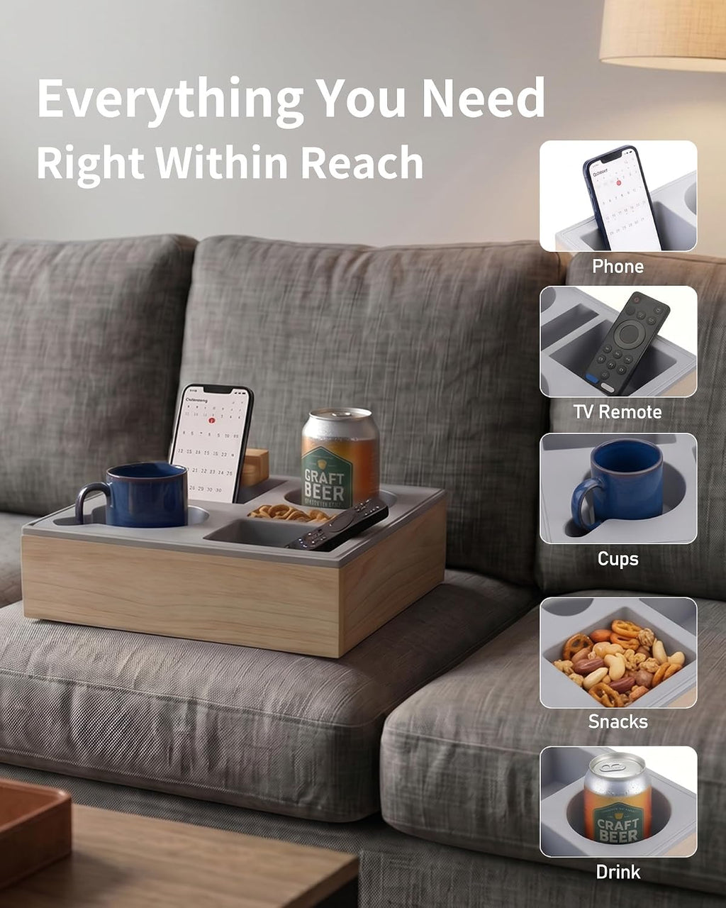 Couch Tray with Cup Holder, Sofa Arm Couch Caddy, Spill Resistant Organizer - Image 4
