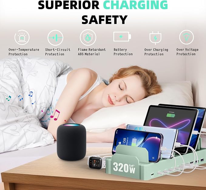 Charging Station for Multiple Devices, Zobirez 10-Port USB C Fast Charger Stations for MacBook, iPhone, Android Cell Phone, iPad, Tablet, Family Multi-Device Organizer Charging Dock, Green - Image 4