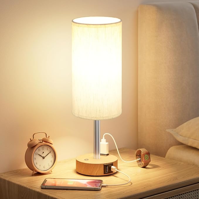 Touch Bedside Table Lamp for Bedroom, Stepless Dimmable, USB A+C, AC Outlet | Base Touch Button Only, Memory Brightness, Ultra-dim Night Light, Included Bulb for Optimal Dimming, Wood Grain Base, Nursery by Aooshine
