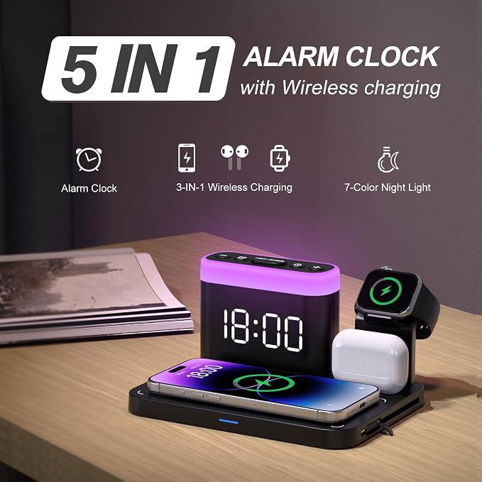 ANJANK Wireless Charging Station,5 in 1 Multiple Charger Stand with Alarm Clock,7 Night Light,Magnetic Charging Dock for iPhone 17 16 15 14 13 12 Pro Max Plus,Apple Watch 11/10/9/8,for Airpods,Bedroom - Image 2