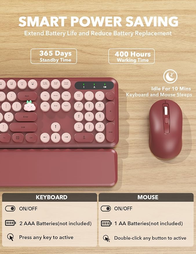 Wireless Keyboard and Mouse Combo, Cute Typewriter, Magnetic Wrist Rest | Full-Size, Round Keycaps, Smart Sleep Mode, 2.4GHz Stable Connection for Mac/Windows/PC, Office or Home, Trueque CK24 - Image 5