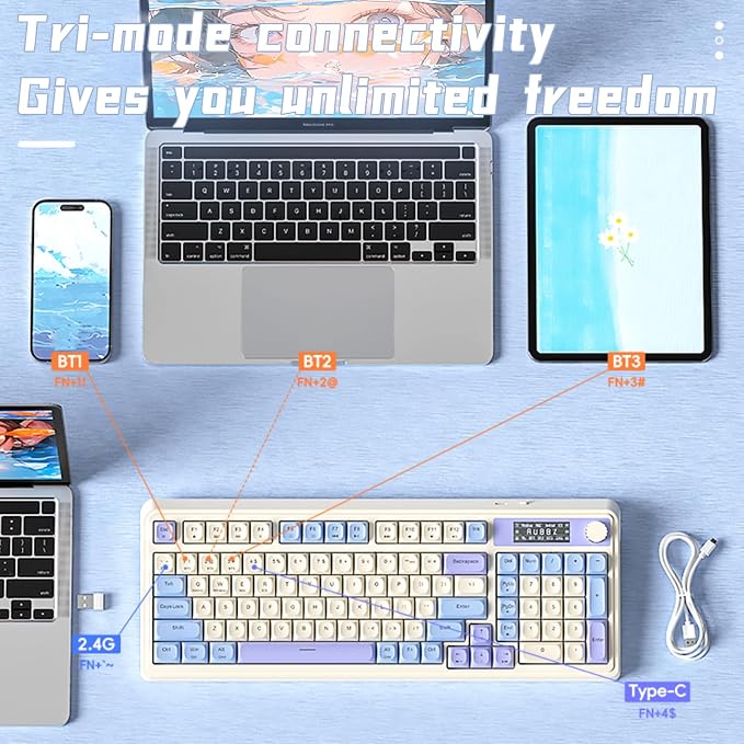 AULA S99 Pro Gaming Keyboard, Cute Creamy Wireless Keyboard | Tri-Mode Bluetooth/2.4G/USB-C Computer Keyboards, Media Knob Custom RGB Backlit with Number Pad Smart Screen- Purple - Image 3