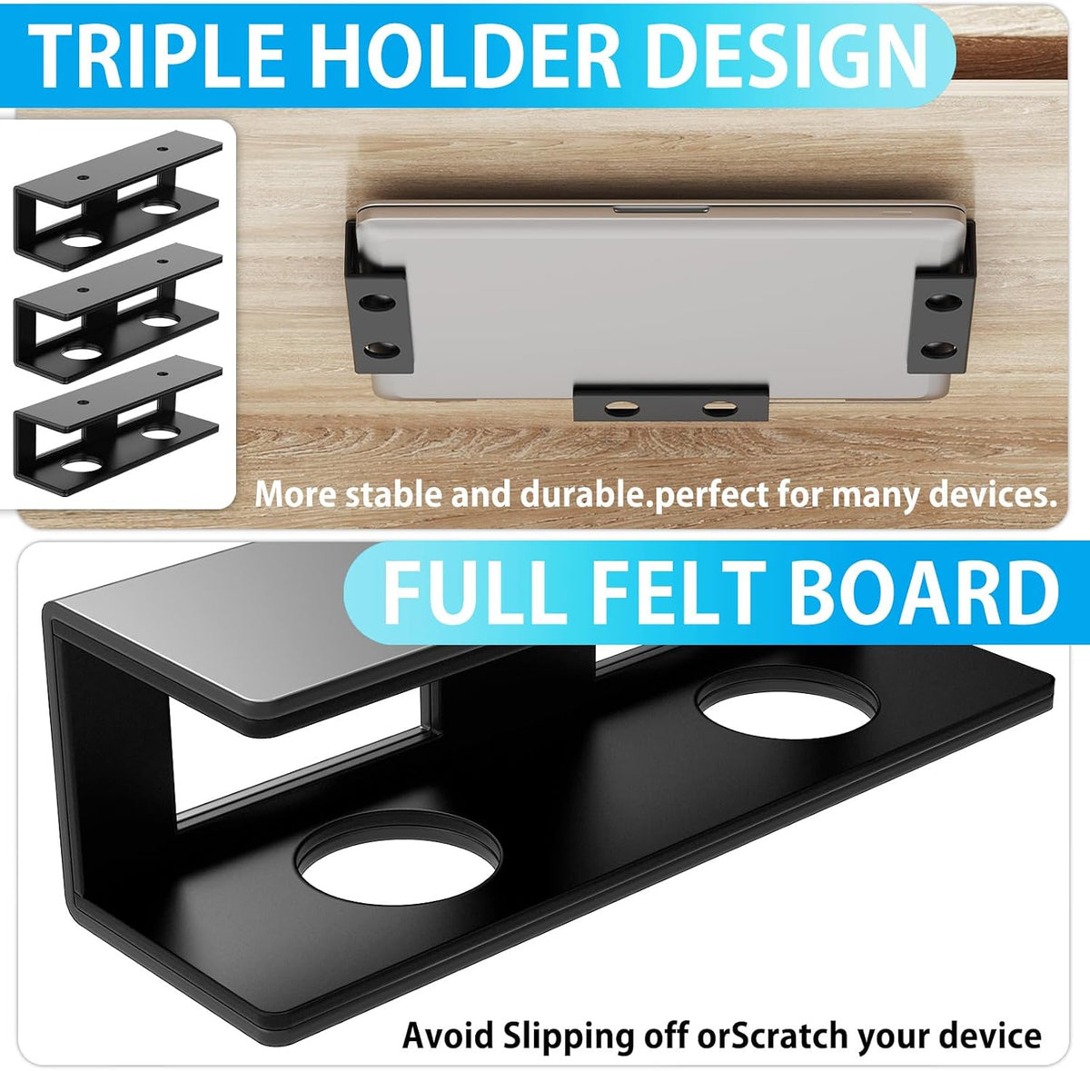 3 PCS Under Desk Laptop Mount with Anti-Scratch Silicone Pad Under Desk Holder Mount Shelf for Laptop Keyboard Storage（1 Pack） - Image 6