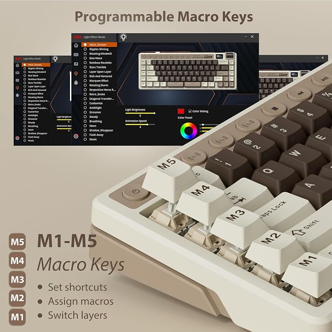 RK ROYAL KLUDGE M70 Wireless Mechanical Keyboard with Display/Macro Keys | Massive 6000mAh Creamy Gaming Keyboard w/Macro Keys/Digital Screen/Knob, Hot Swappable 75% Wireless Keyboard BT/2.4G/USB-C - Image 5
