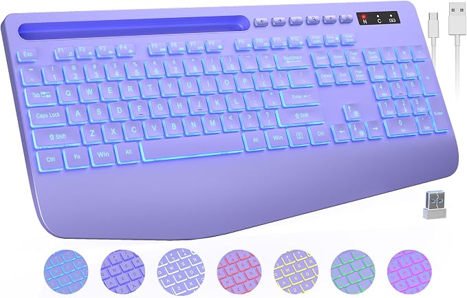 Wireless Keyboard, 7 Colored Backlits, Wrist Rest, Phone Holder-Purple | Rechargeable Ergonomic Computer Keyboard with Silent Keys, Full Size Lighted Keyboard for Windows, Mac, PC, Laptop by Trueque