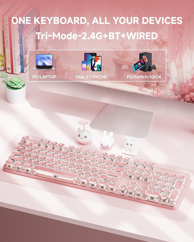 TK950 Typewriter Wireless Mechanical Keyboard, Aesthetic Tri-Mode Bluetooth/2.4G/Wired Retro Punk Typewriter Keyboard with White Backlit, Blue Switch, Round Keycaps for Laptop/Mac/iPad/Win, Pink - Image 3