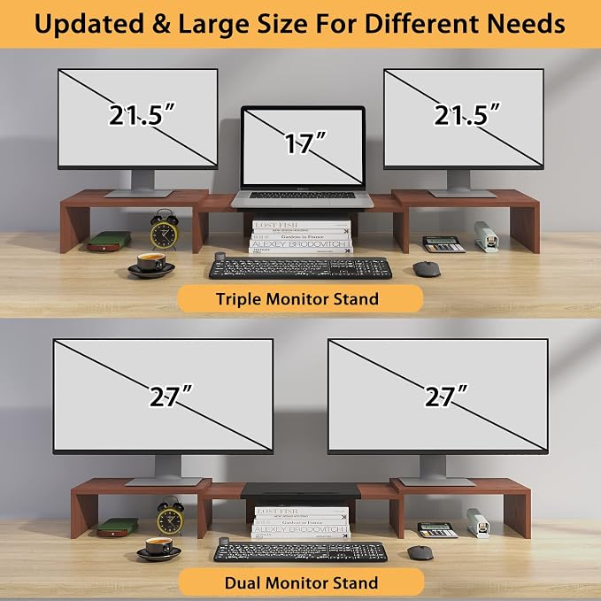 WESTREE Triple Monitor Stand Riser - Extra Long, Adjustable Length & Angle, 3 Shelf Desktop Storage for 1-3 Monitors - Image 7