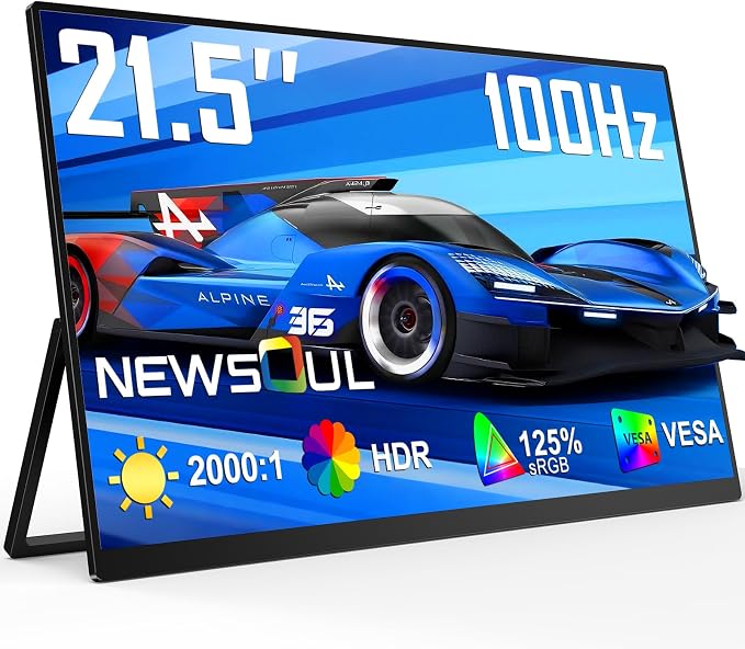 21.5'' Large Portable Monitor for Laptop 100Hz Ultra-Fast IPS Gaming Monitor, QLED 125%sRGB | 2000:1 Contrast | Built-in Stand, Speaker and VESA, USB-C HDMI Second Screen Efficient Work Gaming by NEWSOUL