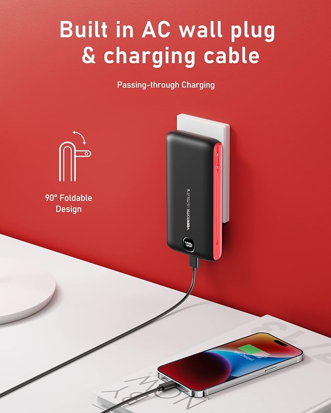 VEEKTOMX 10000mAh Portable Charger with Built-in Cables & Wall Plug | Fast Charging Slim USB-C Power Bank for iPhone, Samsung, iPad | 5 Outputs, Charges 4 Devices, ETL Certified, Black Red - Image 3