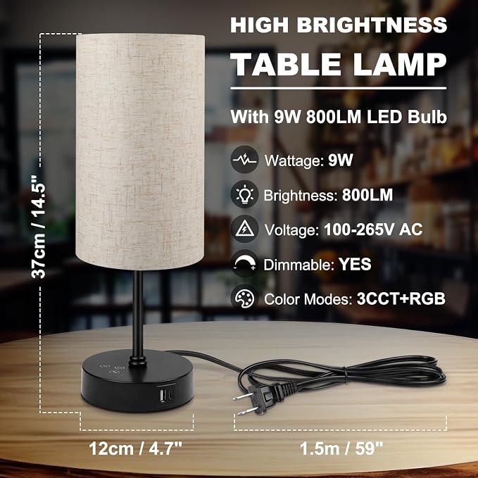 Table Lamp, 3 CCT 3000K/4500K/6500K & RGB Color Changing, Stepless Dimmable Small Bedside Lamp for Reading, Ambience Nightstand Light for Home Decor Party, Beige Shade - Image 8