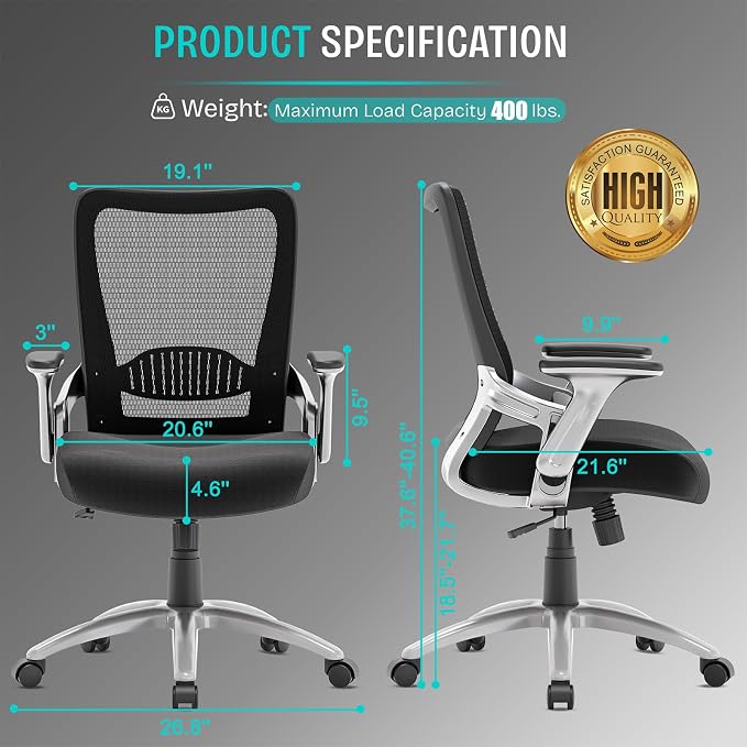 SUNNOW Office Chair, Ergonomic Computer Desk Chair, Sturdy Executive Task Chair - Adjustable Lumbar Support, Flip-up Arms, Tilt Function, Comfy Wide Seat, Swivel Mesh Home Office Desk Chairs (Black) - Image 3