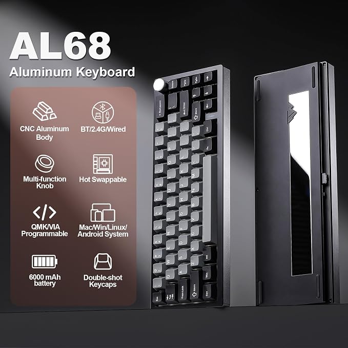 YUNZII AL68 Wireless Mechanical Keyboard,Full Aluminum CNC,60% Layout with Knob, QMK/VIA Software,Gasket Mounted,Hot Swappable,RGB Backlit,BT/2.4G/USB-C for Mac/Win (Black, Cocoa Cream V2) - Image 2