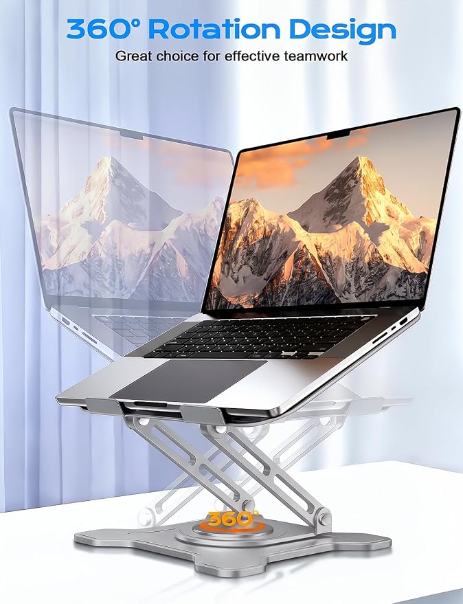 JCZT 360° Rotating Laptop Stand for Desk, Metal Foldable Laptop Riser Gray | Ergonomic Portable Adjustable Laptop Stand, Ventilated Cooling Notebook Holder for MacBook Air Pro, All 10-16'' Laptops - Image 2