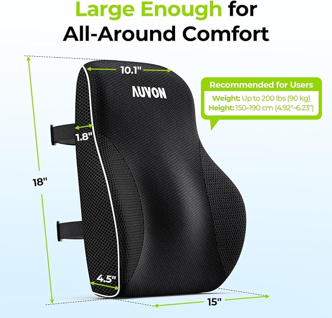 AUVON Office Lumbar Support Pillow with Patented Bulge for Back Support | Ergonomic Office Home Essentials Improve Posture, Memory Foam Chair Cushion for Home, Office, Car, Mesh Cover, Double Straps - Image 8