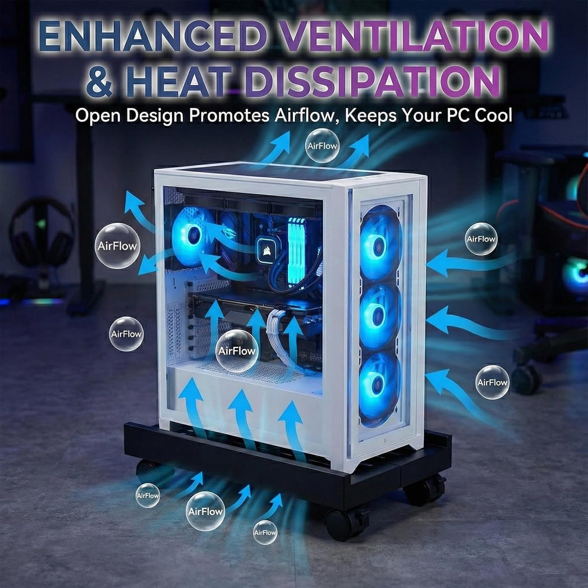 Adjustable Mobile CPU Stand with 4 Caster Wheels - Ventilated Tower Stand, Fits Most PCs - Under Desk CPU Holder, PC Floor Cart, Riser for Gamers and Students (Black) - Image 7