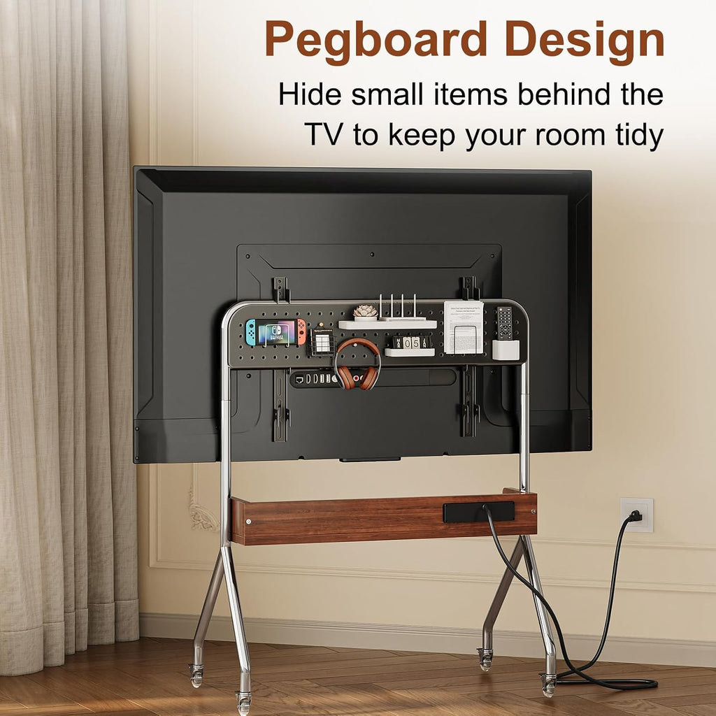 Rolling TV Stand with Power Outlet & Wooden Shelf, Stainless Steel Mobile TV Carts for 32-75 Inch TVs up to 110 lbs,Height Adjustable Portable TV Stand with wheels and Pegboard Storage for Home Office - Image 6