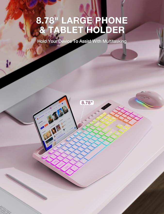 Wireless Keyboard and Mouse Combo, 9 Backlit Effects, RGB, 2.4GHz | Ergonomic Wrist Rest, Phone Holder, Rechargeable, Full Size, KM22 MAX Silent Set for Computer, Laptop, Mac, Windows (Pink) - Image 6