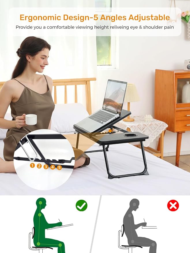 Lap Desk for Couch/Sofa/Floor, 5-Angle Adjustable Bed Desk with Foldable Legs &Cup Holder, Light Weight Bed Tray Table for Writing/Eating/Reading, Portable Laptop Stand for Adults, Kids - Image 2