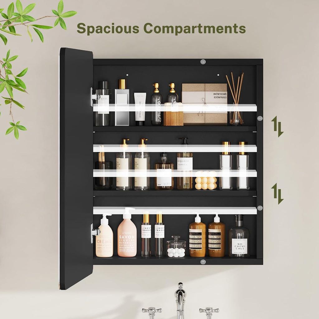 Medicine Cabinet Mirror with 2 Adjustable Shelves, Bathroom Mirror with Storage, Recessed or Wall Mount Bathroom Cabinet, Black - Image 3