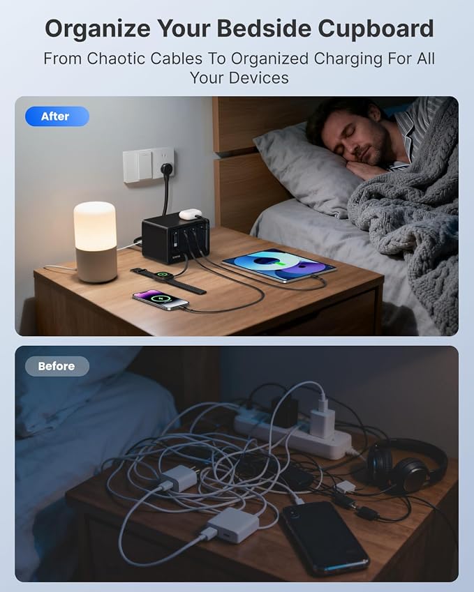 12-in-1 Desktop Charging Station with 3 Retractable Type-C Charger Blocks, 1 Micro Charger and 1 Lightning Charger, 4 USB C Ports, 160W Fast Charging Hub with 33.5in Cable for Multiple Devices - Image 2