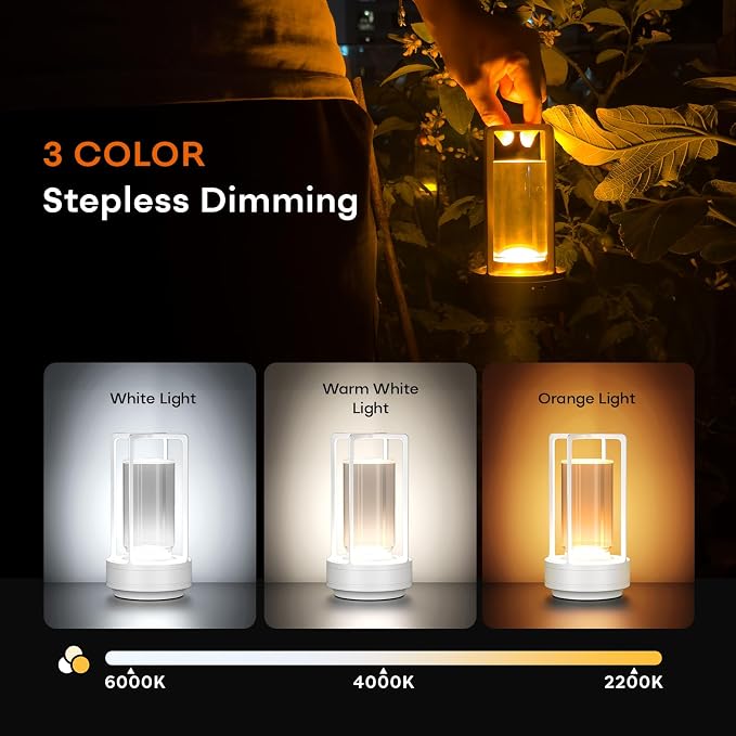 Rechargeable Cordless Small Metal Table Lamp, Stepless Dimming, 3-Color | White，2600mAh Battery, Portable LED Desk Light, Cute, Suitable for Indoor/Outdoor/Restaurant/Bedroom/Bar/Coffee/Camping - Image 3