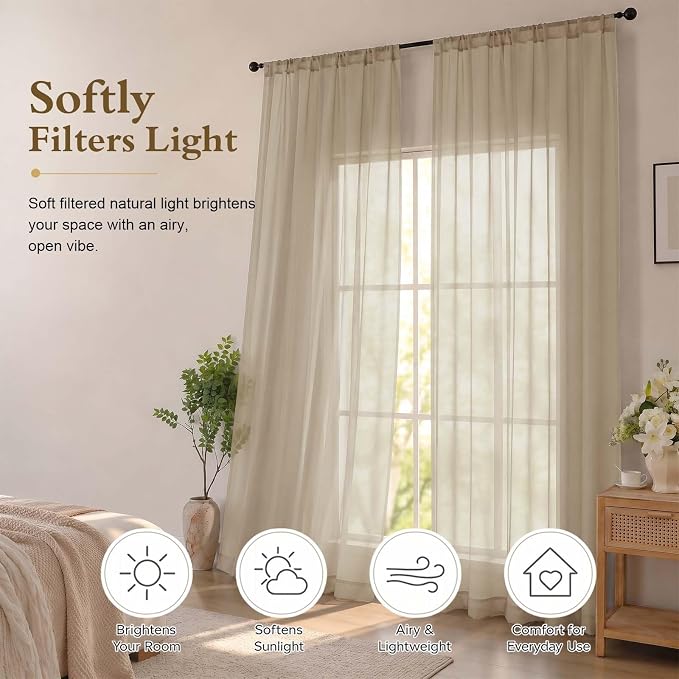 Taupe Sheer Curtains 84 Inches Long 2 Panels for Living Room 52 Wide | Sheer White Curtains for Bedroom, Elegant Airy Light Filtering Window Treatments, Rod Pocket, 2pcs Each Panel 52" W x 84" L - Image 2