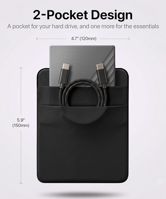 2-Pocket SSD & Hard Drive Holder for Laptop, Reusable 3M Adhesive | Stick-On Sleeve for 2.5-Inch External HDDs & SSDs | 5.9 x 4.7-Inch Pouch | Separate Pocket for Cables | Built-In Safety Strap - Image 2