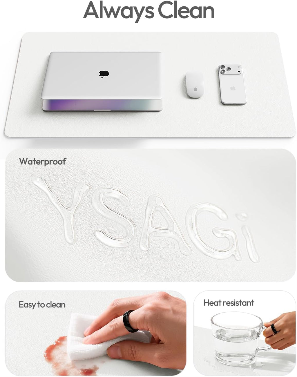YSAGi Leather Desk Protector, Office Mat, Large Mouse Mat, Non-Slip PU Leather Blotter, Laptop Desk Pad, Waterproof Writing Pad for Office and Home (White, 47" x 17") - Image 8