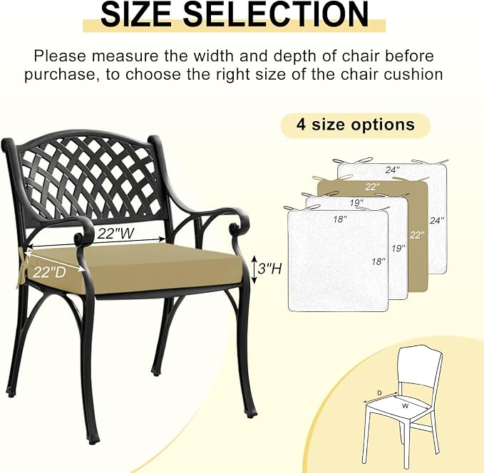downluxe Waterproof Outdoor Chair Cushions for Patio Furniture, 22" x 22" x 3" Patio Chair Cushion with Adjustable Ties & Portable Handle, Square Outdoor Cushion with Removable Cover, Khaki, 2 Pack - Image 4