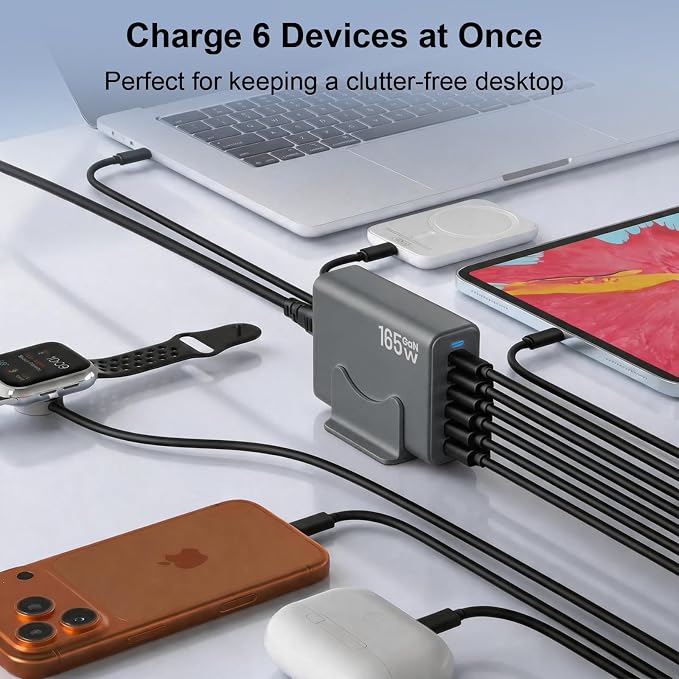 165W Charging Station, 6 Port Desktop Charger, 3 Ports 40W Grey | USB Charger Block, 3 x USB A 15W, 3 x USB C 40W, Compatible with iPhone, Galaxy, MacBook, iPad, Home Office, Travel and More - Image 4