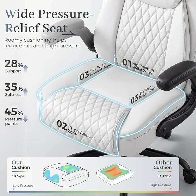 GTPOFFICE Executive Office Chair with Comfortable Lumbar Support, Ergonomic Gaming Chair with Flip-up Armrests & Zoned Pressure-Relief Cushion, Comfy PU Leather Desk Chair, White - Image 4
