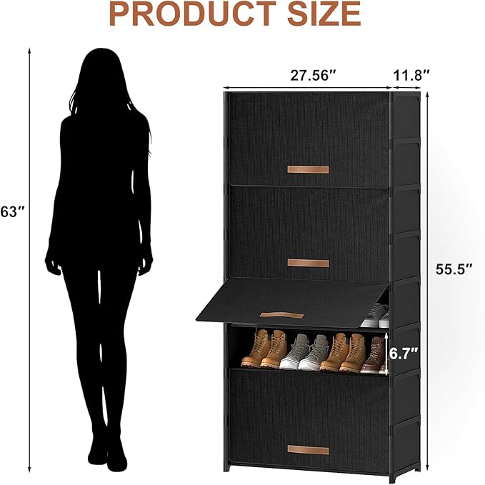 9 Tier Shoe Cabinet with Door, 36-Pair Storage, Black | Max Capacity for Large Families, Door Prevents Dust & Pet Damage, Holds All Shoe Types, Easy Connector Assembly - Image 3