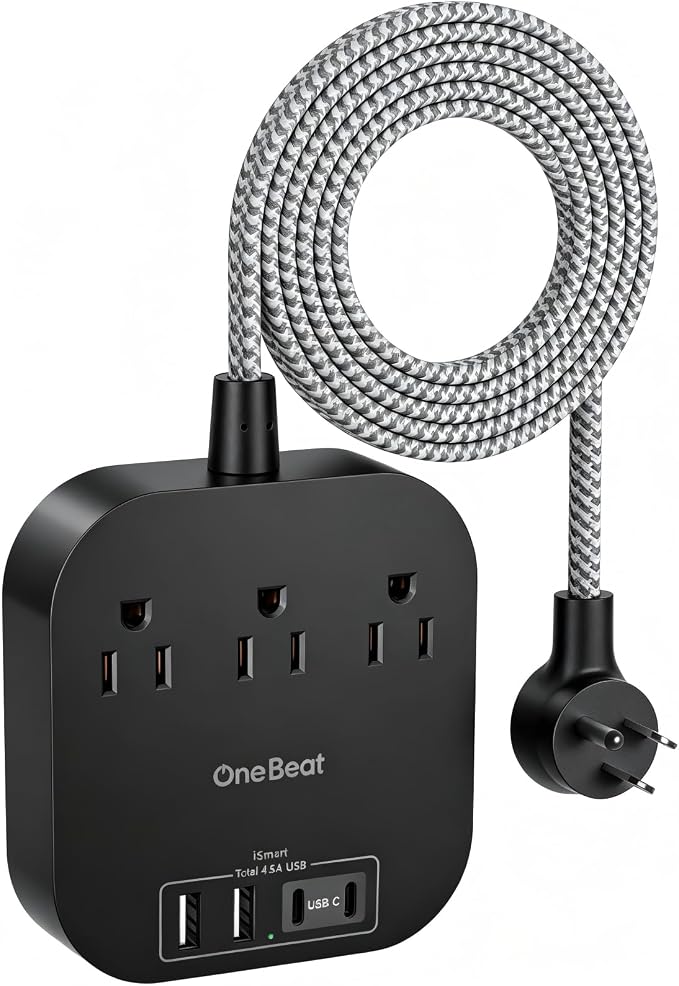 One Beat Power Strip with USB C, 3 Outlets 4 USB Ports, 10ft Braided Extension Cord, 22.5W Desktop Charging Station, Flat Plug, Non Surge Protector, Home Office Travel Cruise, ETL Listed, Black by OneBeat