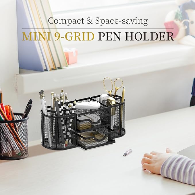 Mesh Desk Organizer, Pen Holder for Desk with 2 Drawers, Black | Desk Organizers and Accessories with 8 Compartments and 2 Drawers for Pens, Pencils, Scissors, Tape and Small Office Supplies - Image 2