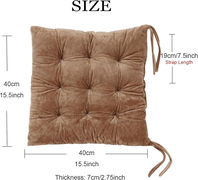 6 Pack Square Seat Cushion Chair Pads for Kitchen Dining Chairs, Soft Comfort Velvet Chair Mat Pillow Cushions with Ties for Office Desk Living Room Tatami 15.5", Khaki - Image 2