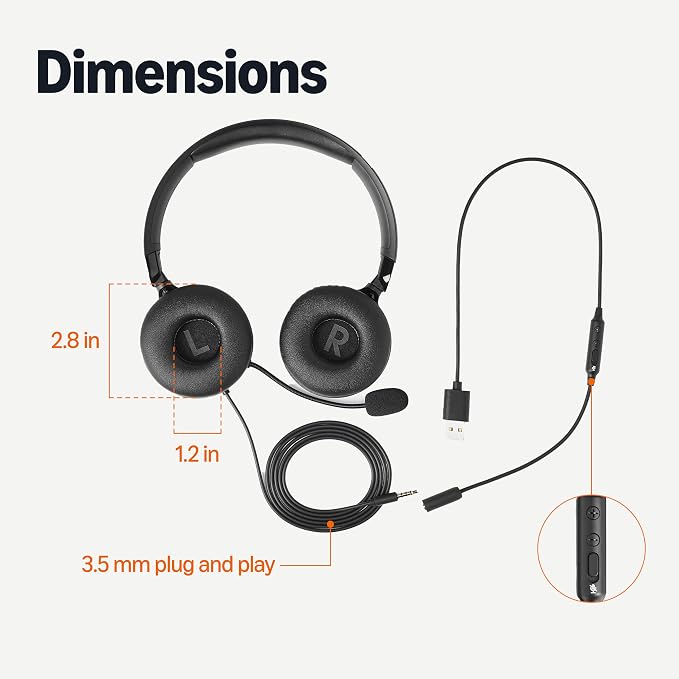 Amazon Basics On Ear Wired Computer Headset with Adjustable Microphone, 3.5mm Port or in-Line Control with USB-A Port, Foldable, Clear Sound, Small/Medium Size, Black (Pack of 2) - Image 5
