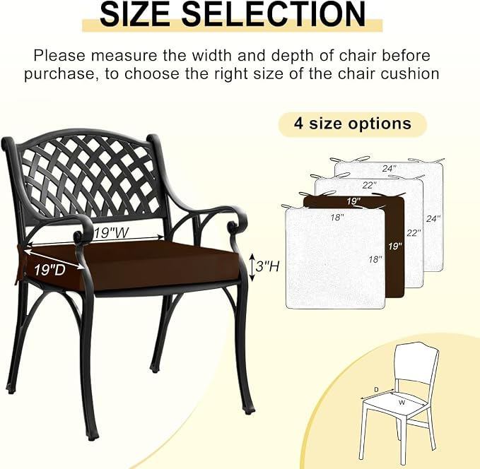 downluxe Waterproof Outdoor Chair Cushions Set of 4, 19" x 19" x 3" Patio Chair Cushion with Non-Slip Ties & Handle, Square Outdoor Cushion for Patio Furniture with Removable Cover, Brown - Image 6