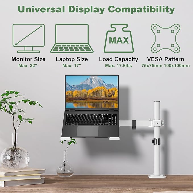 UPGRAVITY White Laptop Desk Mount with Vented Tray for Notebook up to 17 inch, Fully Adjustable Single Laptop Arm Stand Holds up to 17.6 lbs, Clamp on/Grommet Mounting | Fully Adjustable Single Laptop Arm Stand Holds up to 17.6 lbs, Clamp on/Grommet Mo... - Image 2