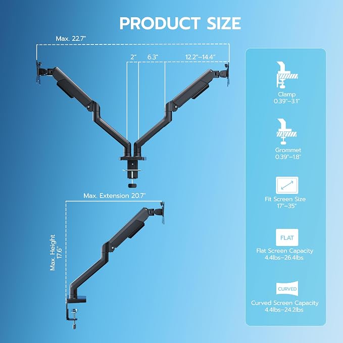 ARES WING Dual Monitor Mount for 17-35 inch Monitors, Black | Heavy Duty Monitor Arms for 2 Monitors, Fully Adjustable Monitor Desk Stand for Ultrawide Screen, VESA 75x75 or 100x100mm - Image 7