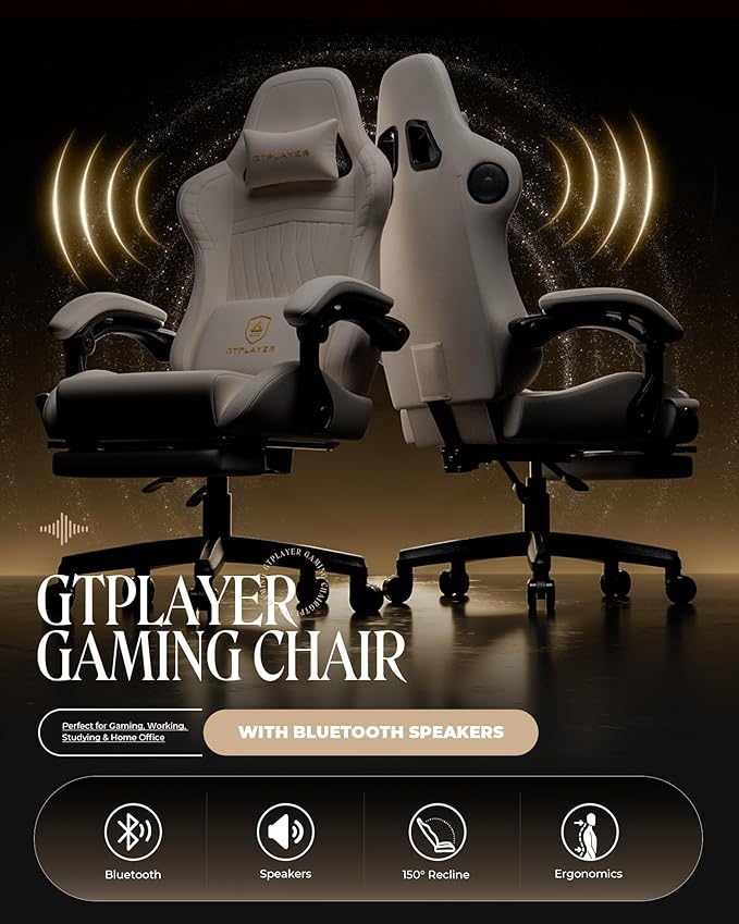 GTPLAYER Gaming Chair for Adults, Ergonomic Computer Game Chairs with Speakers, Footrest & Linkage Armrest, Reclining High Back Silla Gamer for Home Office, Ace Pro, Off-White - Image 4