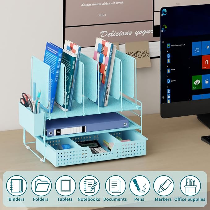 LEKETREE Teal Desk Organizer, Office Organization with Vertical File Holder, File Organizer with Drawer and Pen Holder, Desk Accessories and Workspace Organizers for Home Office (Sky Blue) - Image 2