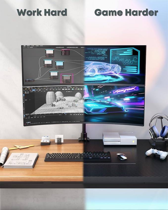 Dual Ultrawide Monitor Mount for 24-57'' Screens, Max Load 59.4 lbs per Arm | Vertically Stacked, Heavy Duty, Aluminum, Fully Adjustable, Topside Clamp/Grommet Mounting, VESA 75/100 mm, Black - Image 8